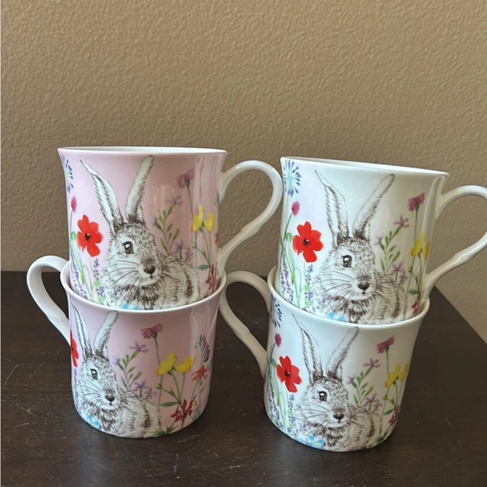 Stechcol Set Of 4 Bone Chine Easter Bunny Floral Cups Mugs New